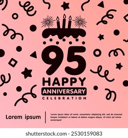 95th years anniversary celebration emblem. Happy anniversary logo isolated birthday cake and candle with confetti line doodle. vector illustration template design for web, flyers, poster, greeting