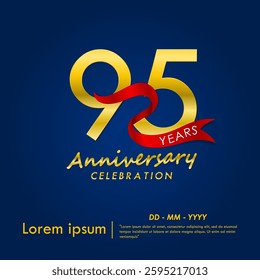 95th years anniversary celebration emblem. elegant golden anniversary logo isolated with red ribbon on dark blue background. vector illustration template design for web, flyers, poster, greeting card