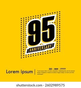 95th years anniversary celebration emblem. anniversary logo isolated with ribbon and polka dots pattern on yellow background. vector illustration template design for web, flyers, poster, greeting card