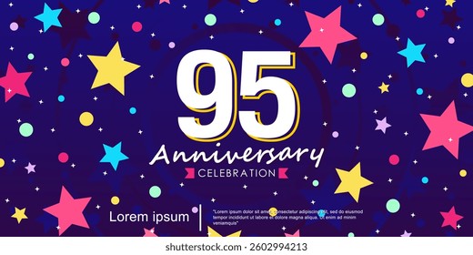 95th years anniversary celebration emblem. anniversary logo isolated with ribbon and stars twinkle sparkle. vector illustration template design for web, flyers, poster, invitation card, greeting card