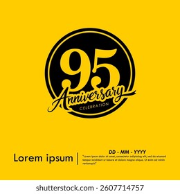 95th years anniversary celebration emblem. black anniversary logo isolated with handwriting and ribbon on yellow background. vector illustration template design for web, flyers, poster, greeting card