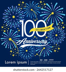 95th years anniversary celebration emblem. congratulations anniversary logo isolated with yellow ribbon and fireworks sparkle on blue background. vector illustration template design for web banner