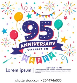 emblema da celebração do aniversário de 95 anos. parabéns logotipo do aniversário isolado com balões, bandeira de bunting, fita, fogos de artifício e estrelas.