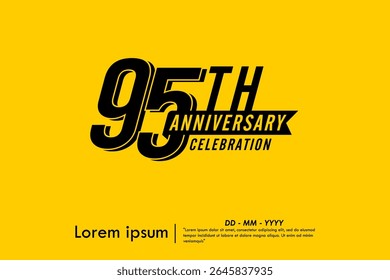95th years anniversary celebration emblem. black logo isolated with ribbon on yellow background. vector illustration template design for web, flyers, poster, greeting card and invitation card