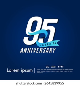 95th years anniversary celebration emblem. elegant anniversary logo isolated with blue ribbon on dark blue background. vector illustration template design for web, flyers, poster, greeting card