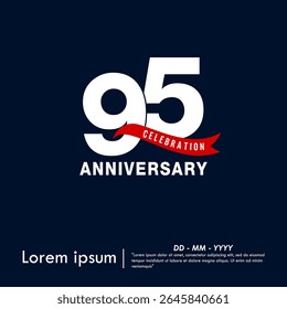 95th years anniversary celebration emblem. elegant anniversary logo isolated with red ribbon on dark blue background. vector illustration template design for web, flyers, poster, invitation card