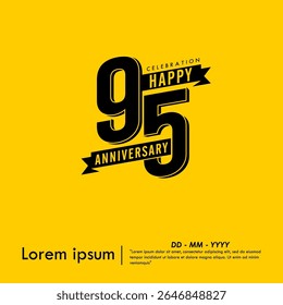 95th years anniversary celebration emblem. black logo isolated with ribbons on yellow background. vector illustration template design for web, flyers, poster, greeting card and invitation card