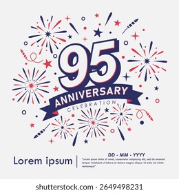 95th years anniversary celebration emblem. anniversary logo isolated with fireworks and stars sparkle and ribbon. vector illustration template design for web, flyers, poster, greeting card