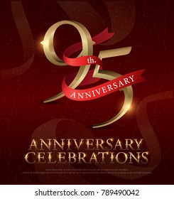 95th years anniversary celebration golden logo with red ribbon on red background. vector illustrator