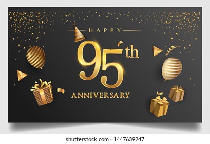 95th years anniversary design for greeting cards and invitation, with balloon, confetti and gift box, elegant design with gold and dark color, design template for birthday celebration. svg