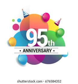 95th years anniversary logo, vector design birthday celebration with colorful geometric, Circles and balloons isolated on white background.