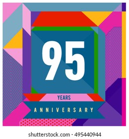 95th years greeting card anniversary with colorful number and frame. logo and icon with Memphis style cover and design template