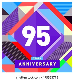 95th years greeting card anniversary with colorful number and frame. logo and icon with Memphis style cover and design template