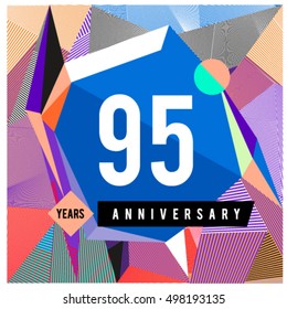 95th years greeting card anniversary with colorful number and frame. logo and icon with Memphis style cover and design template