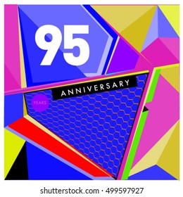 95th years greeting card anniversary with colorful number and frame. logo and icon with Memphis style cover and design template