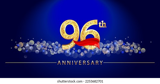 96 anniversary celebration. 96th anniversary celebration. 96 year anniversary celebration logo with glitter, confetti, red ribbon and blue background.