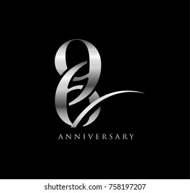 96 anniversary elegance silver logo. linked number with swoosh on black background