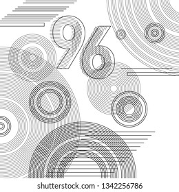 96 Anniversary numbers with rings. Celebrating anniversary event party template. Black and white vector illustration in flat old style.