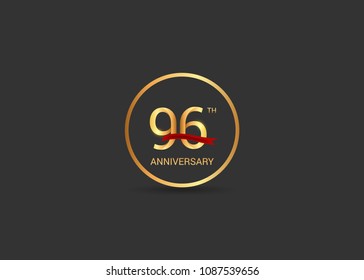 96 anniversary vector design golden color with ring and red ribbon isolated on black background