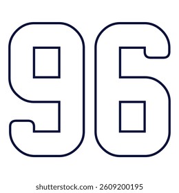96 Classic Vintage Sport Jersey Uniform numbers in black with a black outside contour line number on white background for American football, Baseball and Basketball or soccer for shirt