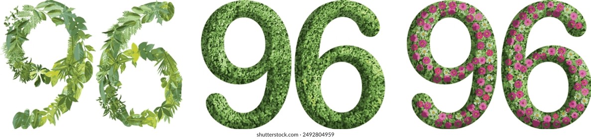 96, design made from green grass, leaves and flower, .suitable for birthday, anniversary and memorial day templates, go green concept	
