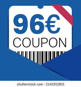 96 Euro Coupon promotion sale for a website, internet ads, social media gift 96 off discount voucher. Big sale and super sale coupon discount. Price Tag Mega Coupon discount with vector illustration.