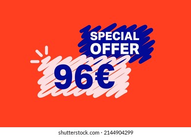 96 Euro OFF Sale Discount banner shape template. Super Sale Euro 96 Special offer badge end of the season sale coupon bubble icon. Modern concept design. Discount offer price tag vector illustration.