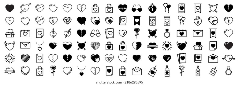 96 heart line icon set. Simple pictogram pack. Stroke vector drawing on a white background. Modern collection of outline style icons.