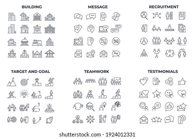 96 icon. building. message mail. recruitment. target and goal. teamwork. testimonial pack symbol template for graphic and web design collection logo vector illustration