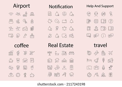 96 icon set.Airport,Notification,Help And Support,coffee,Real Estate,travel pack symbol vector elements for infographic web
