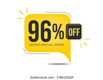 96% off limited special offer. Banner with ninety-six percent discount on a yellow square balloon.