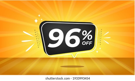 96% de descuento. Banner amarillo con un descuento del 96% en un globo negro para megaventas