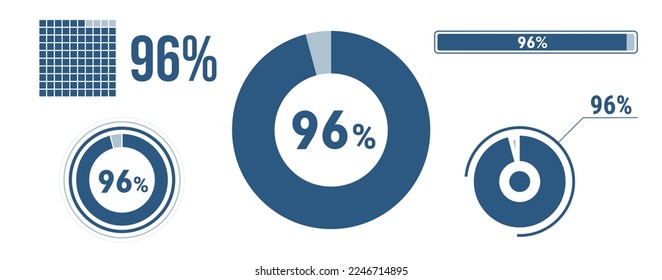 96 percent loading data icon set. Ninety-six circle diagram, pie donut chart, progress bar. 96% percentage infographic. Vector concept collection, blue color. svg