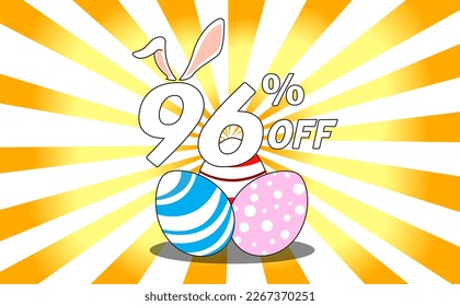 96 percent off. Banner with colorful easter eggs, bunny ears and background with yellow and orange gradient rays