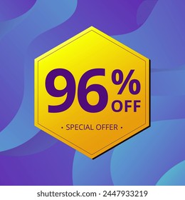 96% Sale and Discount Label. Ninety six percent Sale Discount label Geometric design. Abstract Blue and Yellow Hexagon. Vector illustration.