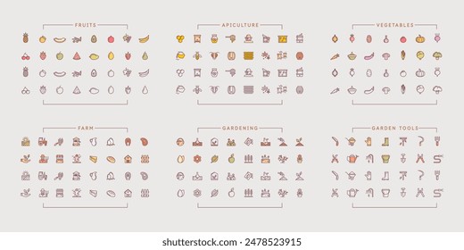 96 vector Icons. A large set of linear icons on the theme of gardening and farming. Simple and minimalistic images of fruits and vegetables. Gardening tools and labor items.