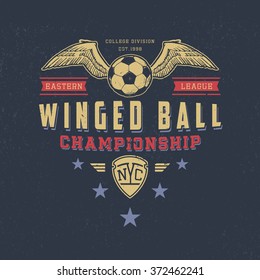 96 WINGED BALL. Handmade football ball and wings. Design fashion apparel texture print. T shirt graphic vintage grunge vector illustration badge label logo template.