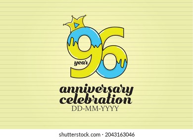 96 year anniversary blue and yellow color cartoon style, sweet style, candy look, with paper book style background - vector