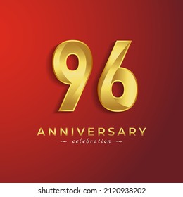 96 Year Anniversary Celebration with Golden Shiny Color for Celebration Event, Wedding, Greeting card, and Invitation Card Isolated on Red Background