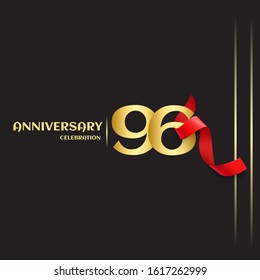 96 year anniversary logo template on black background. golden numbers with red ribbon vector