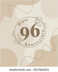 96 year anniversary, minimalist logo. brown vector illustration on Minimalist foliage template design, leaves line art ink drawing with abstract vintage background.