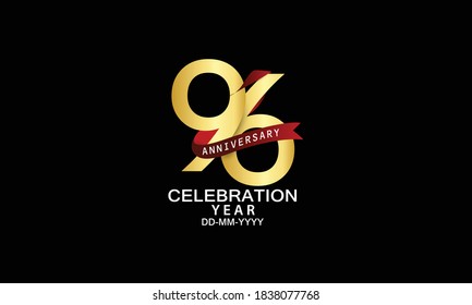 96 year anniversary red ribbon celebration logotype. anniversary logo with Red text and Spark light gold color isolated on black background, design for celebration, invitation - vector