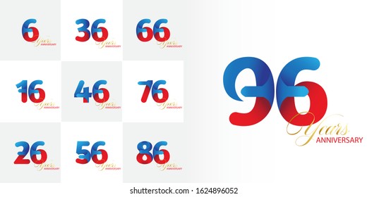 96 Year Anniversary Set 6, 16, 26, 36, 46, 56, 66, 76, 86 Vector Template Design Illustration