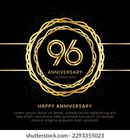 96 years anniversary with a golden number, golden glitters, and a golden circle rope on a black background. Circle a gold hexagon with glitter.