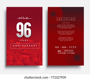96 Years Anniversary Invitation/Greeting Card with Flat Design and Elegant, Isolated on Red Background. Vector illustration.