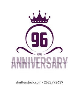 96 Years Anniversary Logo. Celebrating Success. Symbol of Eternal Achievement. Proud Heritage. Logo with Laurel Wreath and Ribbon. Years of Glorious Memories. Jubilee of Joy. Golden Celebratory Crest.