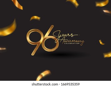96 Years Anniversary Logo with Confetti Golden Colored isolated on black background, vector design for greeting card and invitation card
