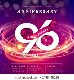 96 years anniversary logo template on purple Abstract futuristic space background. 96th modern technology design celebrating numbers with Hi-tech network digital technology concept design elements.