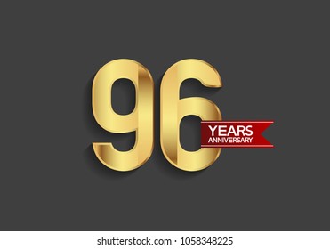 96 years anniversary simple design with golden color and red ribbon isolated on black background for celebration event