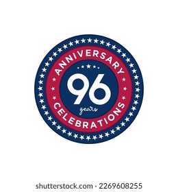 96 years anniversary. Anniversary template design, red and blue colors with stars, design for event, invitation card, greeting card, banner, poster, flyer, book cover and print. Vector Eps10